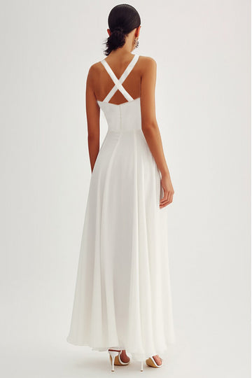 Flowy White Chiffon V Neck Ruched A Line Long Formal Dress